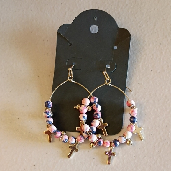 No Brand Jewelry - Gold-tone Hoop Earrings with Pink & Blue Beads and Cross Charms
